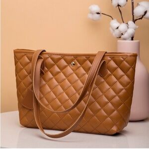 Elegant Tan Quilted Tote Bag with Spacious Design and Sturdy Straps